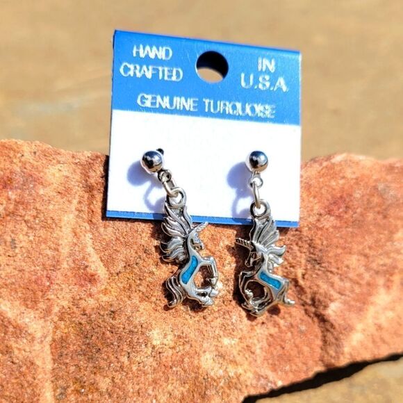 NWT Genuine Turquoise Unicorn Dangle Earrings - Picture 1 of 4